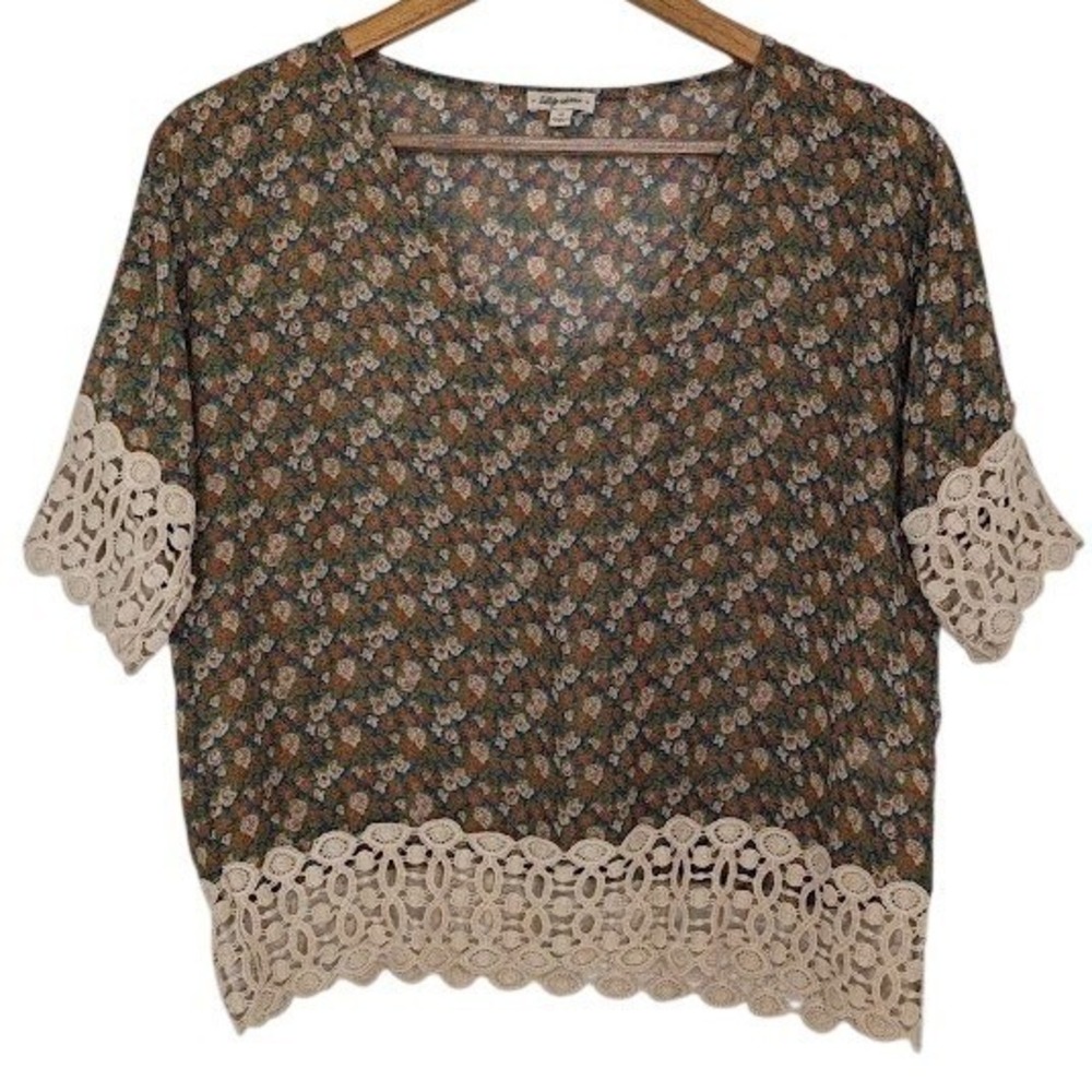 Lily Star Sheer Floral Blouse Crochet Trim V Neck Romantic Boho M USA